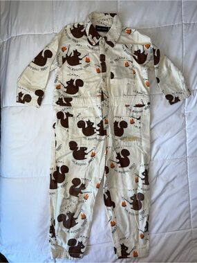 Mini Rodini Cream Squirrel Print One-Piece Jumpsuit with Orange Accents